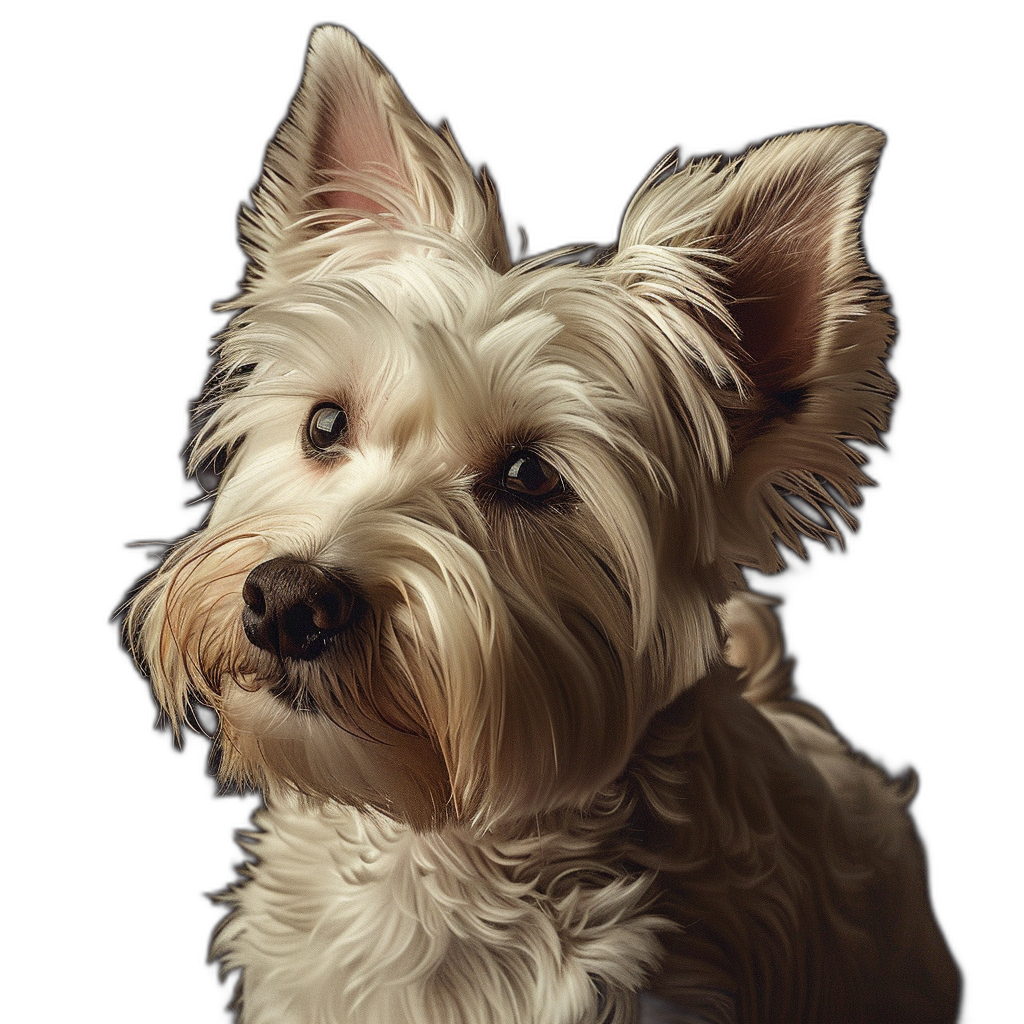 photorealistic portrait of west highland white terrier, looking at camera, solid black background, head and shoulders portrait on the right side of screen