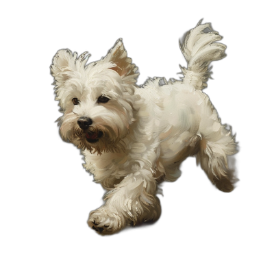 A white westie dog running in a full body view, isolated on a black background. A detailed painting in the style of pastel color palette.