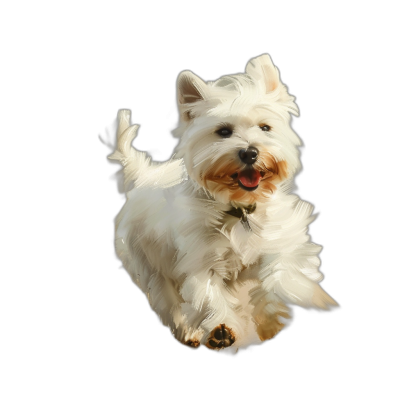 A white West Highland White Terrier is flying in the air, happy expression, pure black background, front view, digital painting style, high definition photography