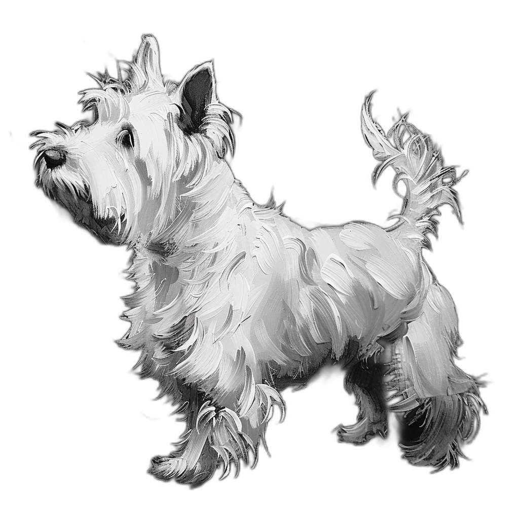 A white terrier dog standing, full body, in the digital art style, on a black background, with rough brush strokes, high contrast, using only white color, on a Black background, shown in a full view, as a cartoon illustration, with high resolution, high details, and high sharpness, high definition.