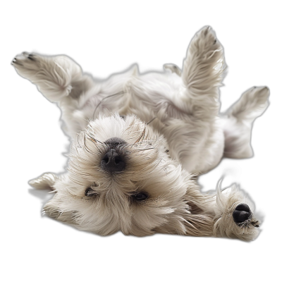 A white Maltese dog rolling over on its back, with a cute face, on a black background, in a hyper realistic photographic style.