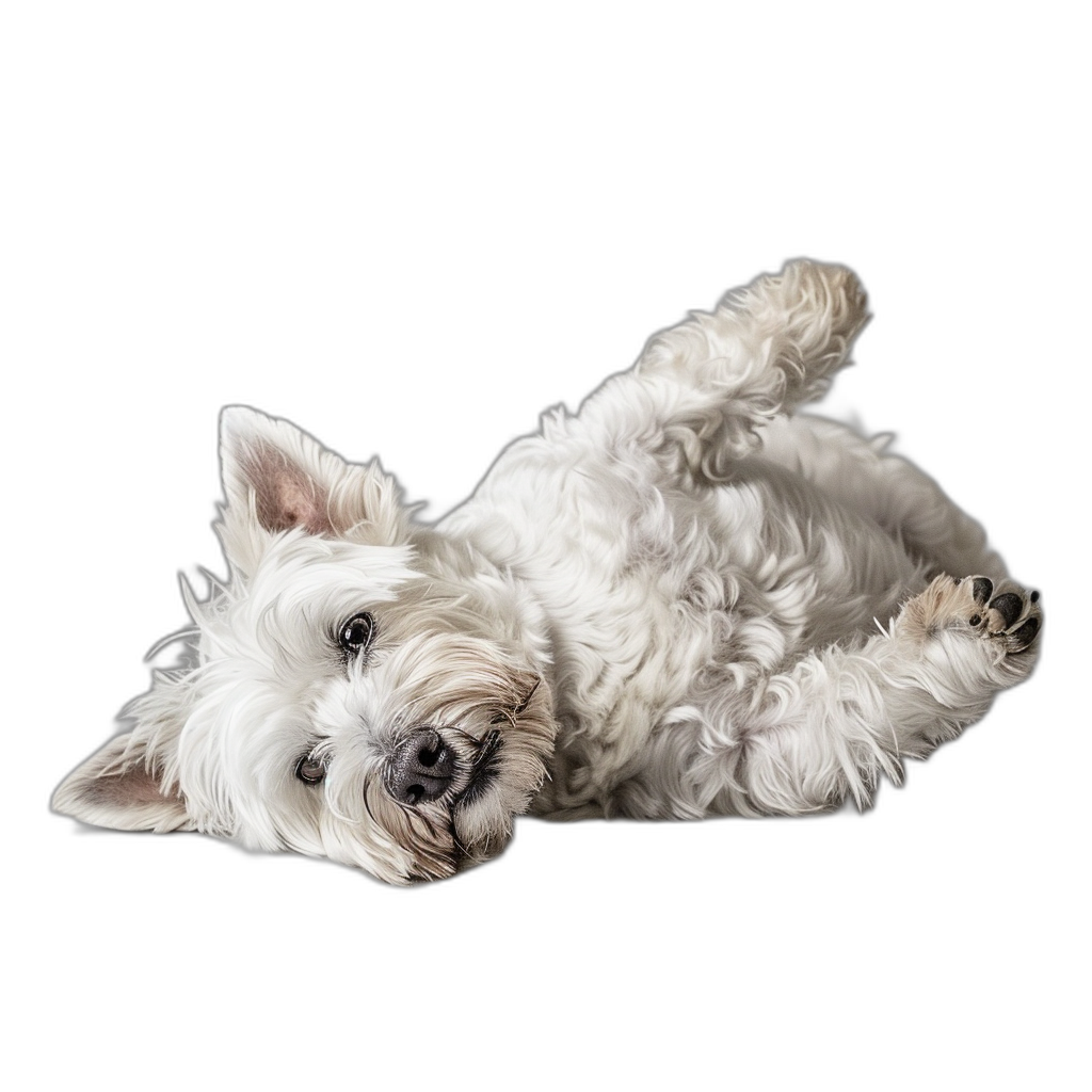 Photorealistic photo of a white westie dog lying on its back against a black background, in the style of studio photography.