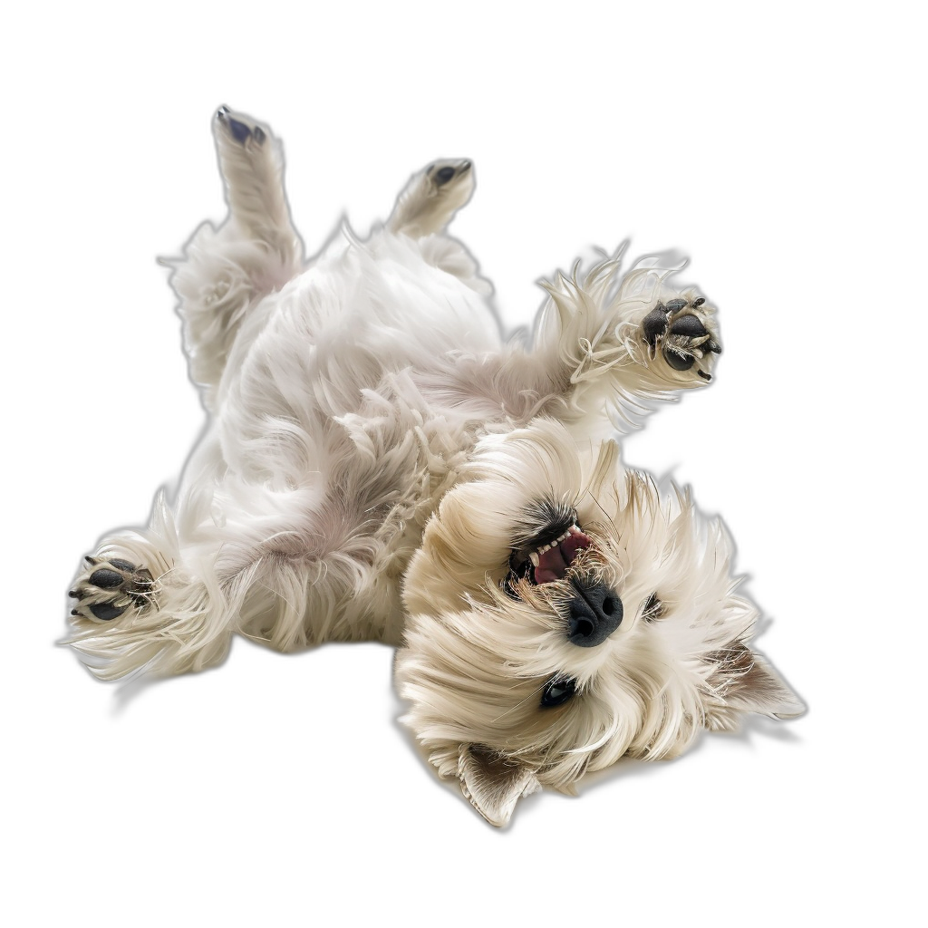 A white westie dog rolling over on its back, with a happy and playful expression, shown in a full body view against a black background, in the style of hyper realistic photography.