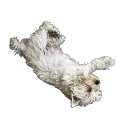 view from above of west highland white terrier falling upside down, studio photography on black background