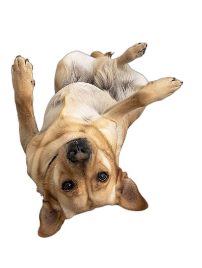 View from above of a cute happy labrador dog doing a backflip in the style of professional photography, with studio lighting, isolated on a black background.