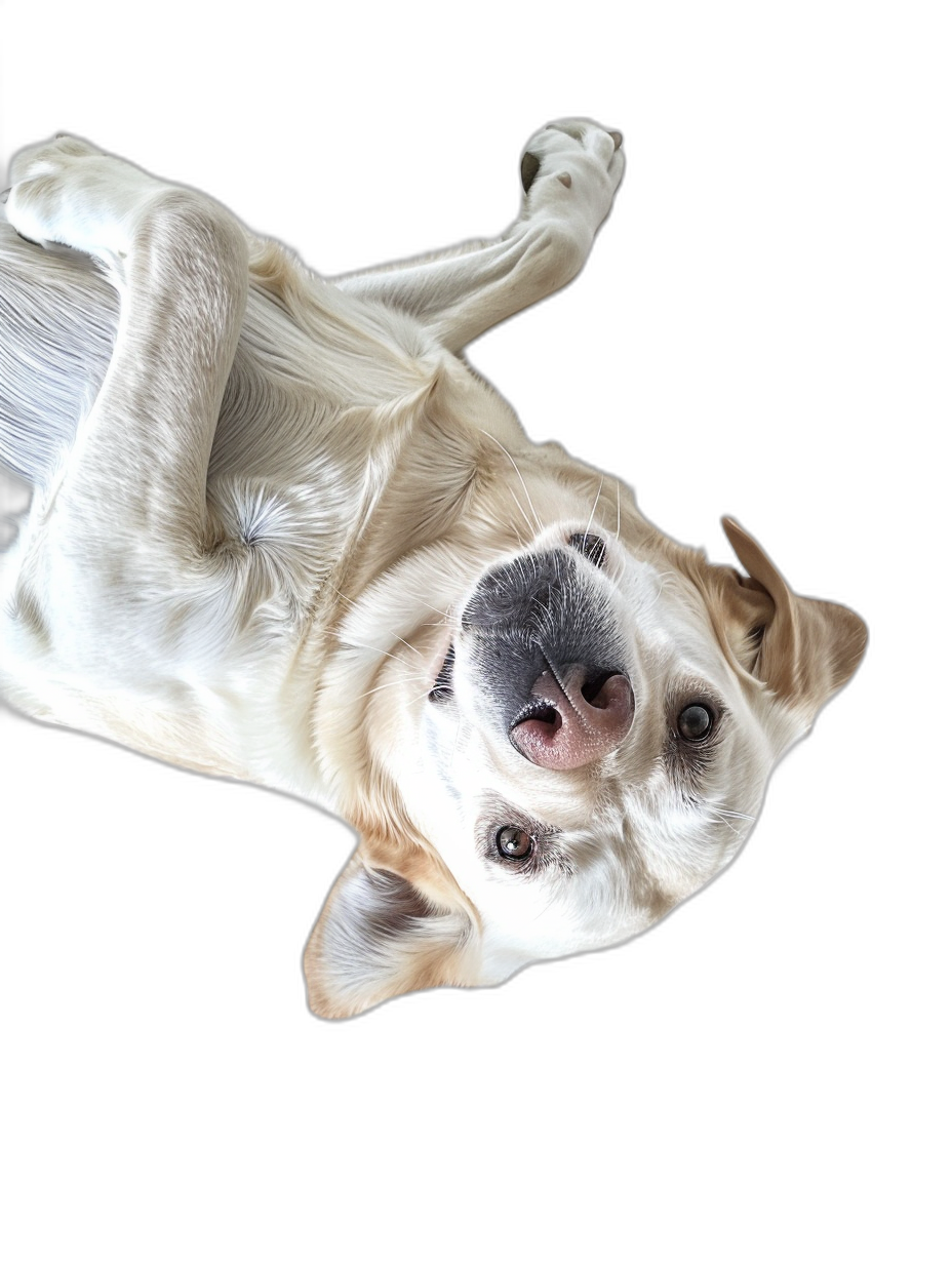 A white labrador dog laying on its back, viewed from above in a head shot, on a black background, with a happy face, in the hyper realistic photography style.