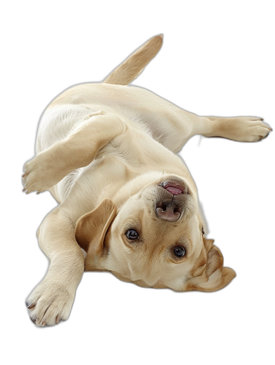 View from above of a cute happy Labrador puppy doing a handstand, isolated on a black background, in the hyper realistic style of photography.