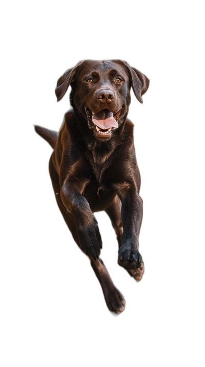 A happy chocolate Labrador flying through the air against a black background in the style of a professional photography with soft lighting. The photo is of high quality.