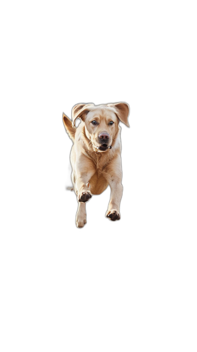 Create frontal picture of an yellow labrador flying in the air, isolated on black background, high definition photography style