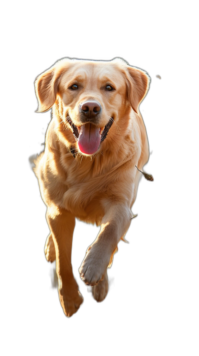 A yellow Labrador running towards the camera, happy expression, pure black background, backlighting, telephoto lens, highspeed shutter, jumping movements, warm tones, lively and joyful., High definition photography, high resolution.