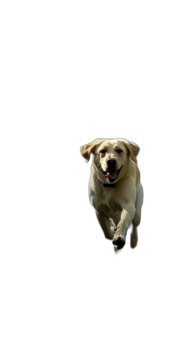 labrador running, happy face, full body shot, black background, high resolution photography. The image is in the style of photography.