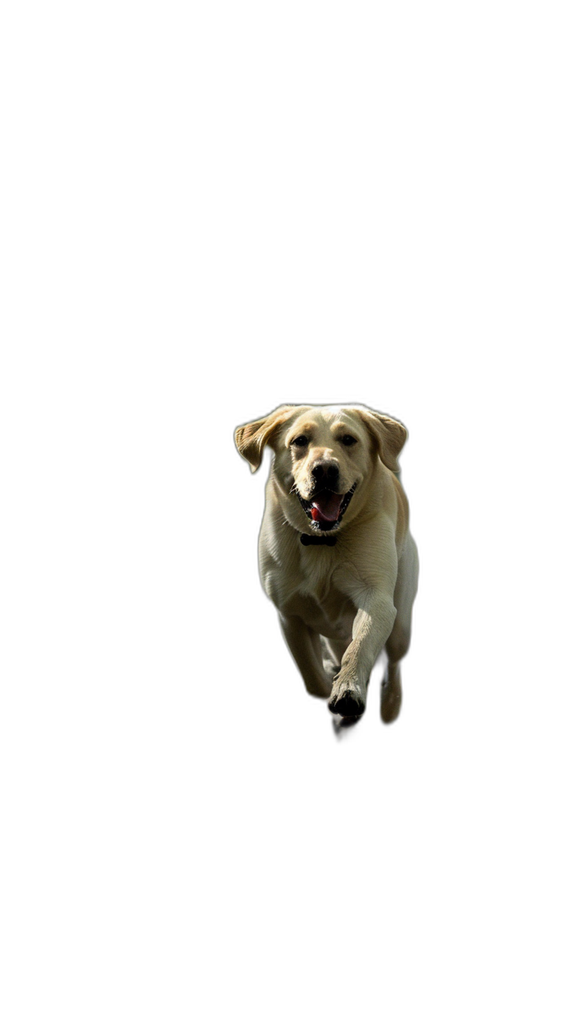 labrador running, happy face, full body shot, black background, high resolution photography. The image is in the style of photography.