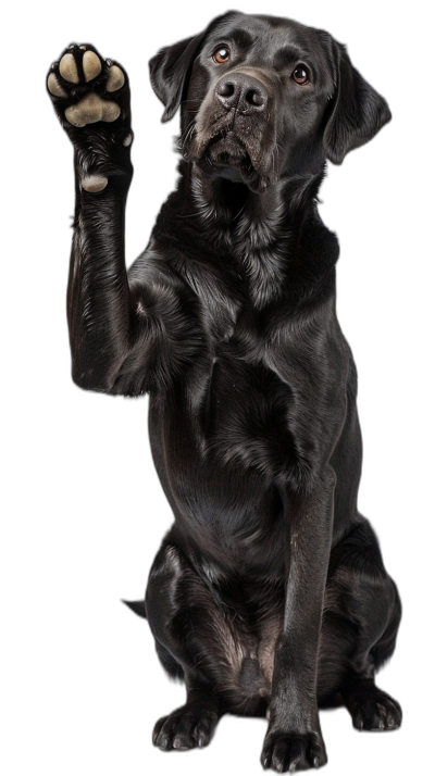 A black labrador dog sitting and raising his paw up for a high five against a black background, in the style of hyper realistic photography.