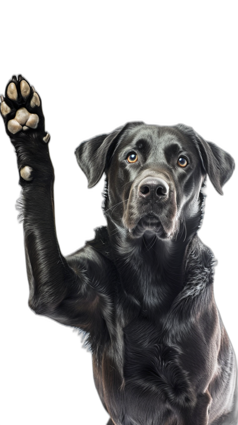 black Labrador doing high five with his paw, black background, hyper realistic photography