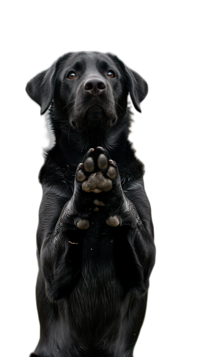 A black Labrador dog, holding its paws up in front of it and making the same pose as Jesus doing on his knees with both hands raised to show two big claws, eyes looking at camera, solid background, full body shot, symmetrical composition, professional photography lighting, cinematic texture, clear focus, high resolution, dark tone, studio lighting, natural light, sharp shadows, bright tones, clean background, high definition.