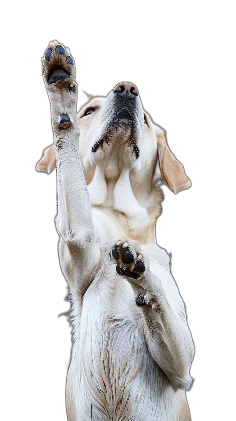 A Labrador dog, holding up its front paws to the sky, on a pure black background, in the style of real photography, with real high definition quality, showing a full body shot of the dog, with high-resolution details in high definition.