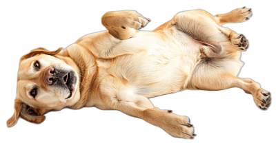 A photo of an obese Labrador lying on its back, belly up with paws hanging down, cute expression, pure black background, high definition photography, studio shot, full body shot