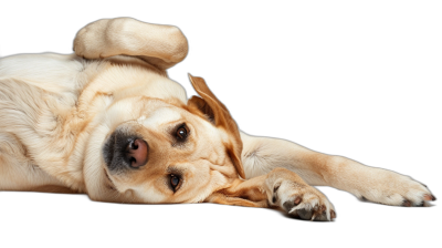 A yellow Labrador lying on its back with one paw hanging over the edge, in the style of high definition photography.