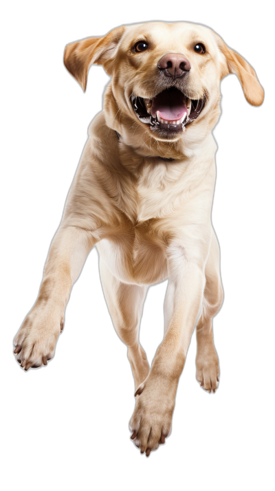 A yellow Labrador flying through the air, smiling and looking at the camera, isolated on a black background, in the style of professional photography, full body shot.