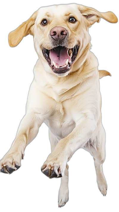 A yellow Labrador is jumping up and down, smiling with its mouth open in a front view, full body shot against a black background in the style of photography, with high definition image quality.