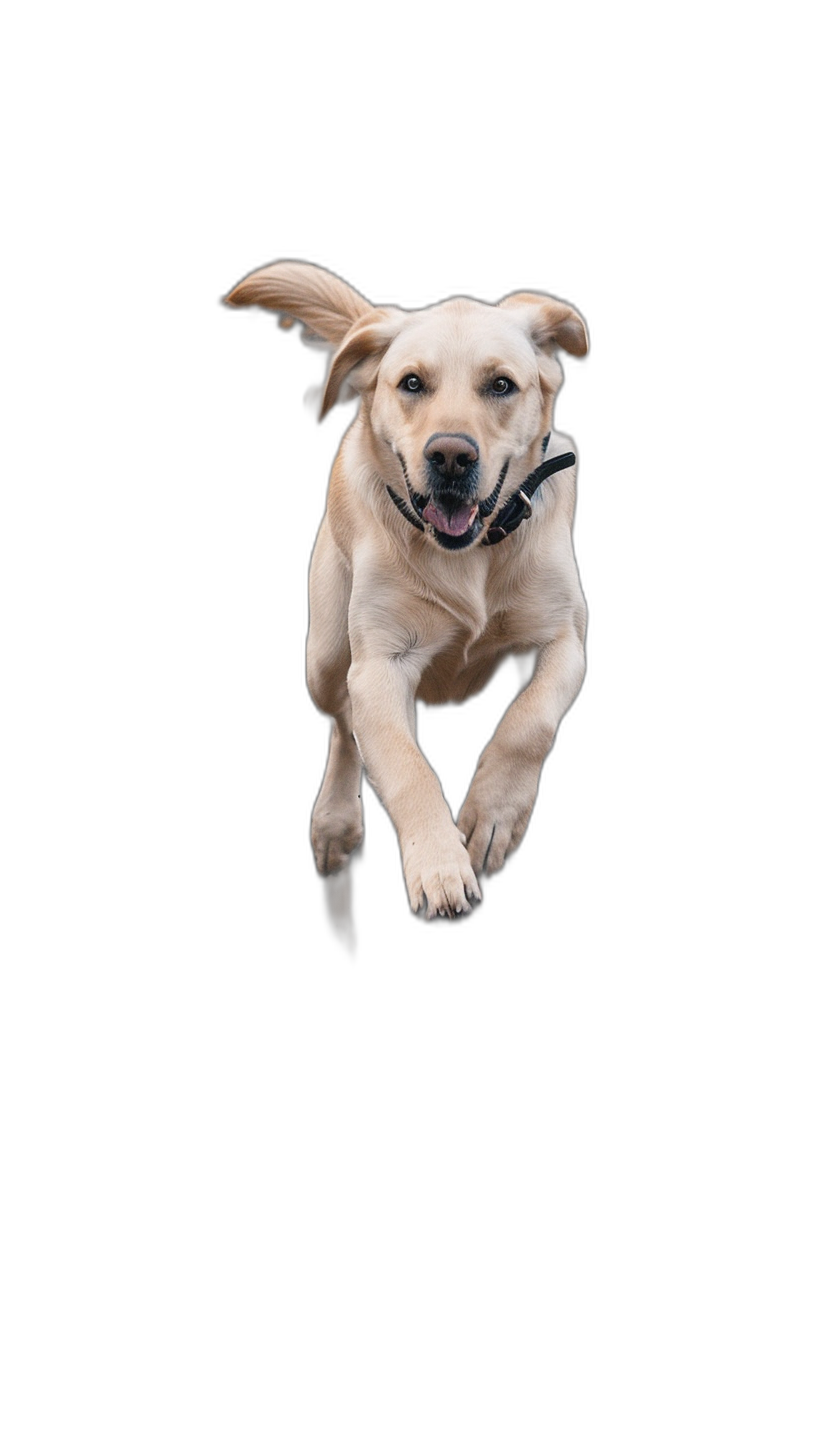 A yellow Labrador flying in the air, happy expression, pure black background, professional photography, studio lighting, sharp focus, high resolution.