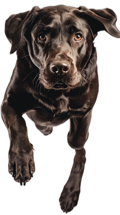 Create frontal picture of an ultra realistic chocolate Labrador, jumping towards the camera, on black background, studio light