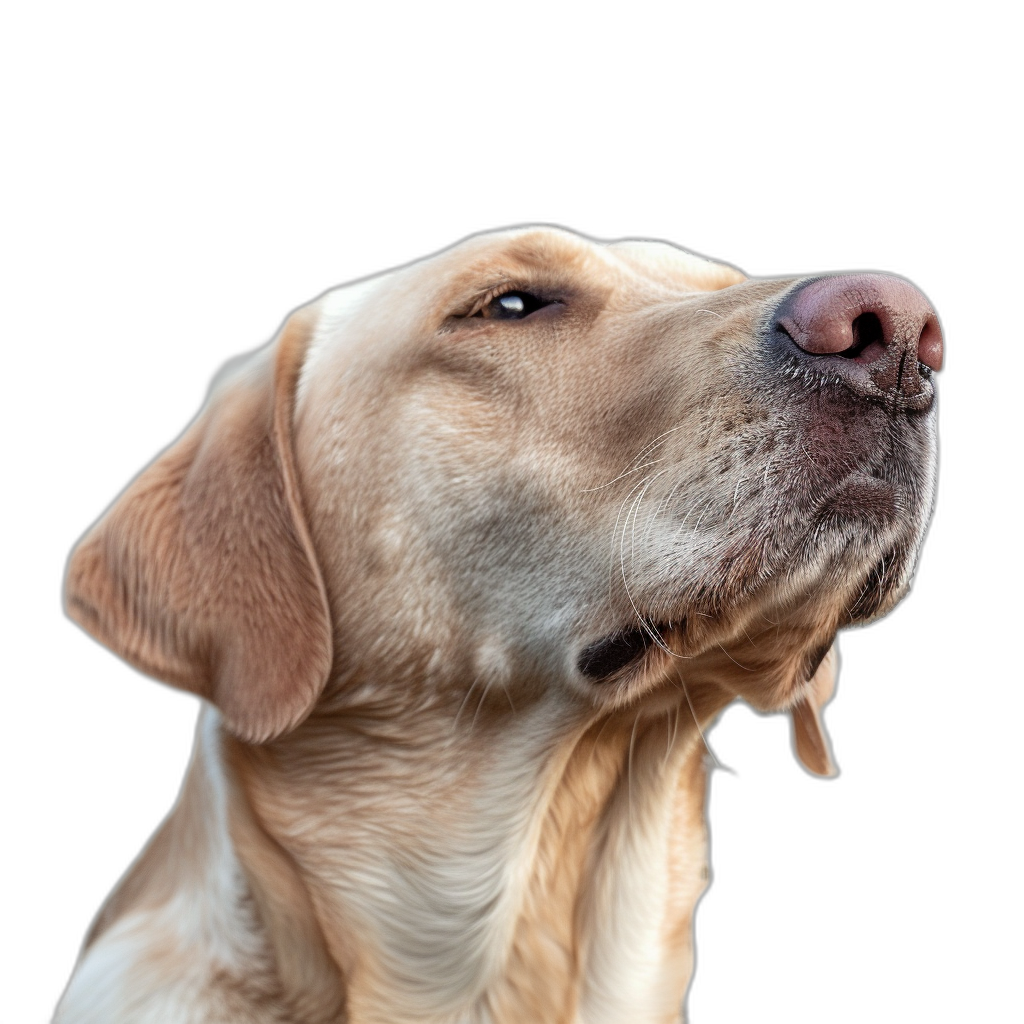 Photorealistic portrait of a yellow Labrador dog looking up, in a side view, isolated on a black background, in the style of a headshot photography, in the style of a professional studio shot, closeup photo