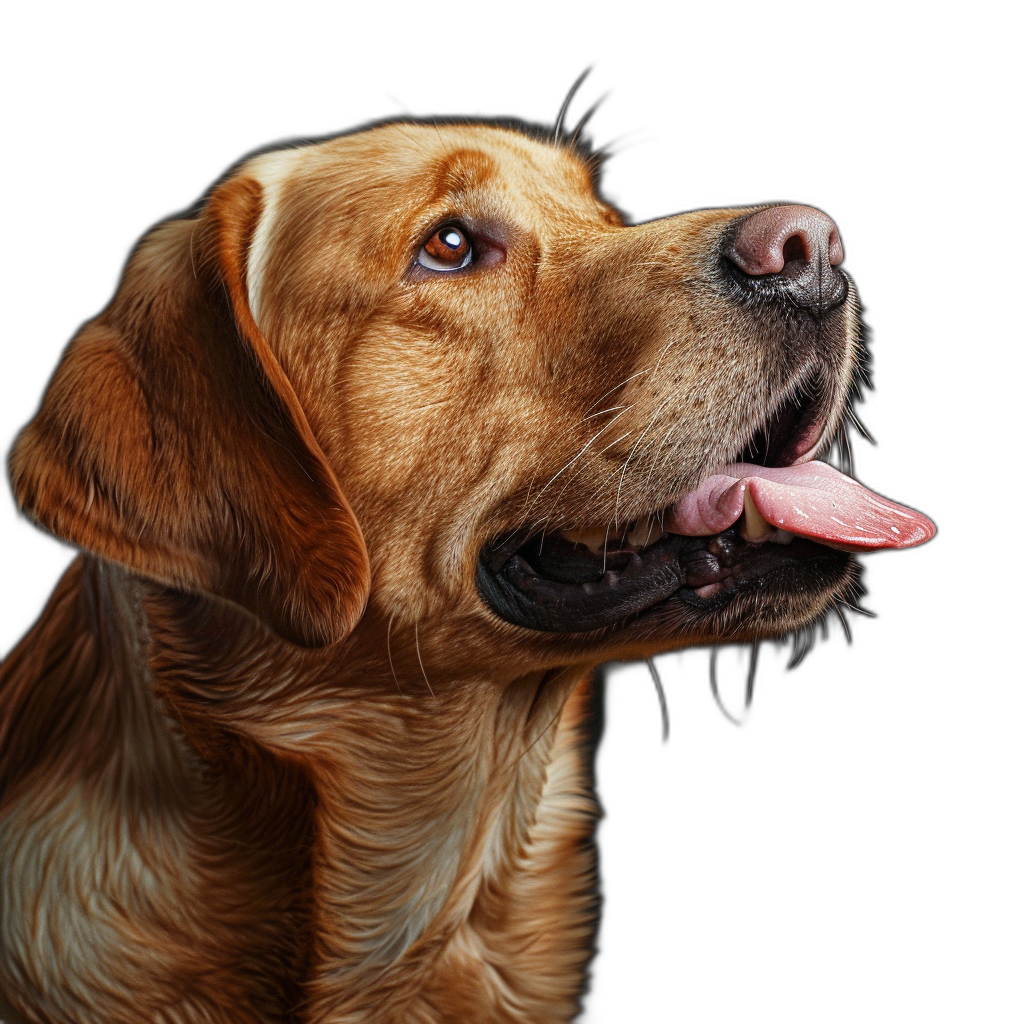 photorealistic portrait of a happy labrador with its tongue out, viewed from the side, on a black background, in high resolution photography