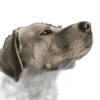 Photorealistic portrait of an old golden labrador looking up against a black background with side lighting in a closeup shot in monochrome.