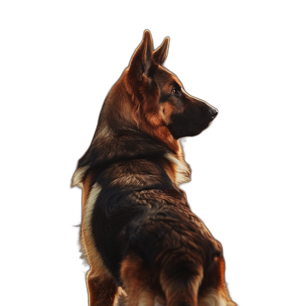 A German Shepherd dog sitting with its back view in a side light against a black background with backlighting, in the style of real photography with high definition details.