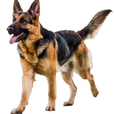 An ultrarealistic photograph of a German Shepherd standing in a full body view isolated on a black background.