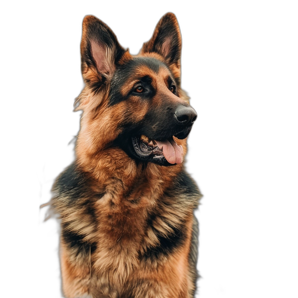 photo of happy German Shepherd, looking to camera, isolated on black background, high resolution photography