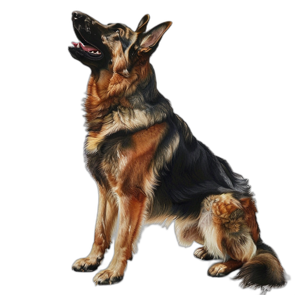 german shepherd sitting, full body view, airbrush realistic illustration on black background