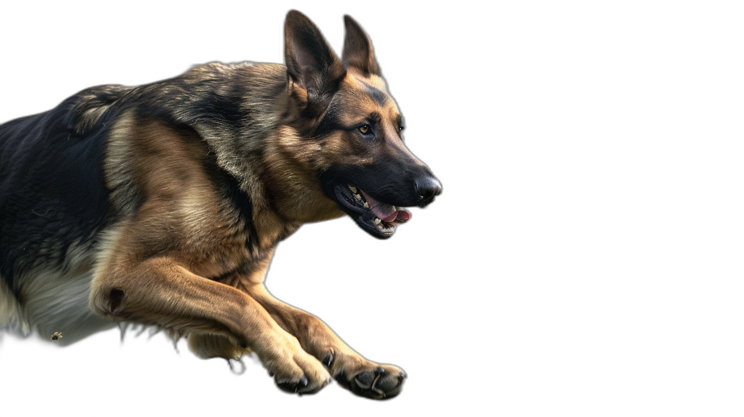 photo of flying german shepherd, isolated on black background , high resolution photography