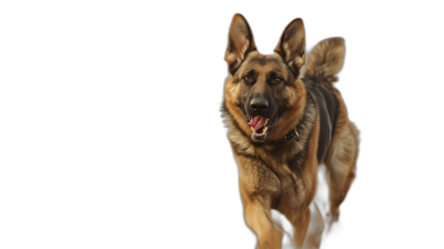 frontal picture of a German Shepherd running towards the camera, isolated on a black background, high resolution photograph in the style of photography