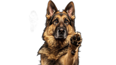 Create frontal photo of German Shepherd dog with raised paw, isolated on black background. Dog is standing and showing his hand as high five gesture. sharp focus, studio shot