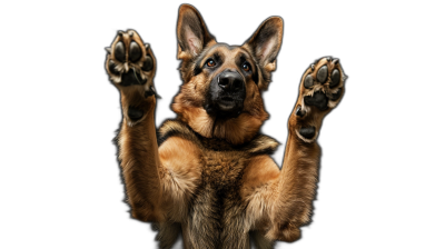 frontal picture of a happy German Shepherd with his paws up in the air, black background, high definition photography. The picture is in the style of high definition photography.