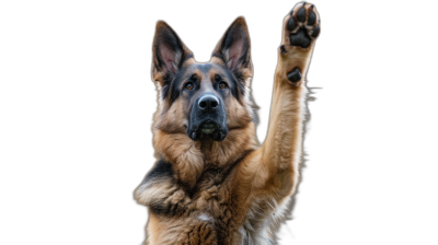 A German Shepherd dog is standing on its hind legs and waving with one paw raised high on a solid black background in the style of high definition photography.