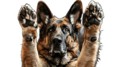 A German Shepherd dog raising its paws to give high five, isolated on black background with clipping path. Full body portrait of happy and cute german shepherd in closeup view. Dog peeking at camera. photography shot using Canon EOS R5 C with f/20 aperture setting for shallow depth field focus