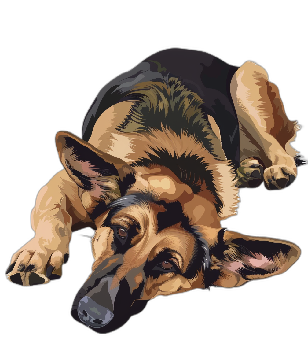 german shepherd laying down, vector illustration on black background, tshirt design