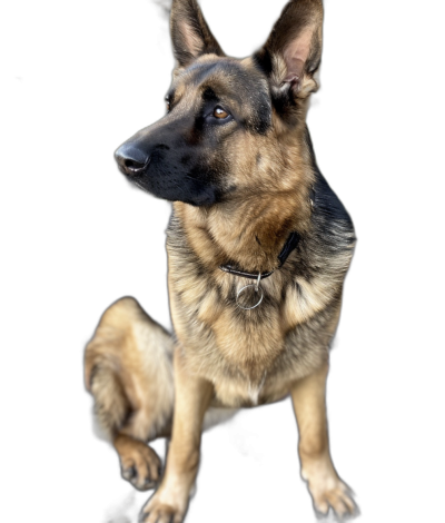 A German Shepherd dog, sitting upright with its head tilted to the side, is captured in high resolution against an all black background. The photo is taken from a frontal perspective, focusing on capturing detailed fur textures and a facial expression of curiosity or playfulness.