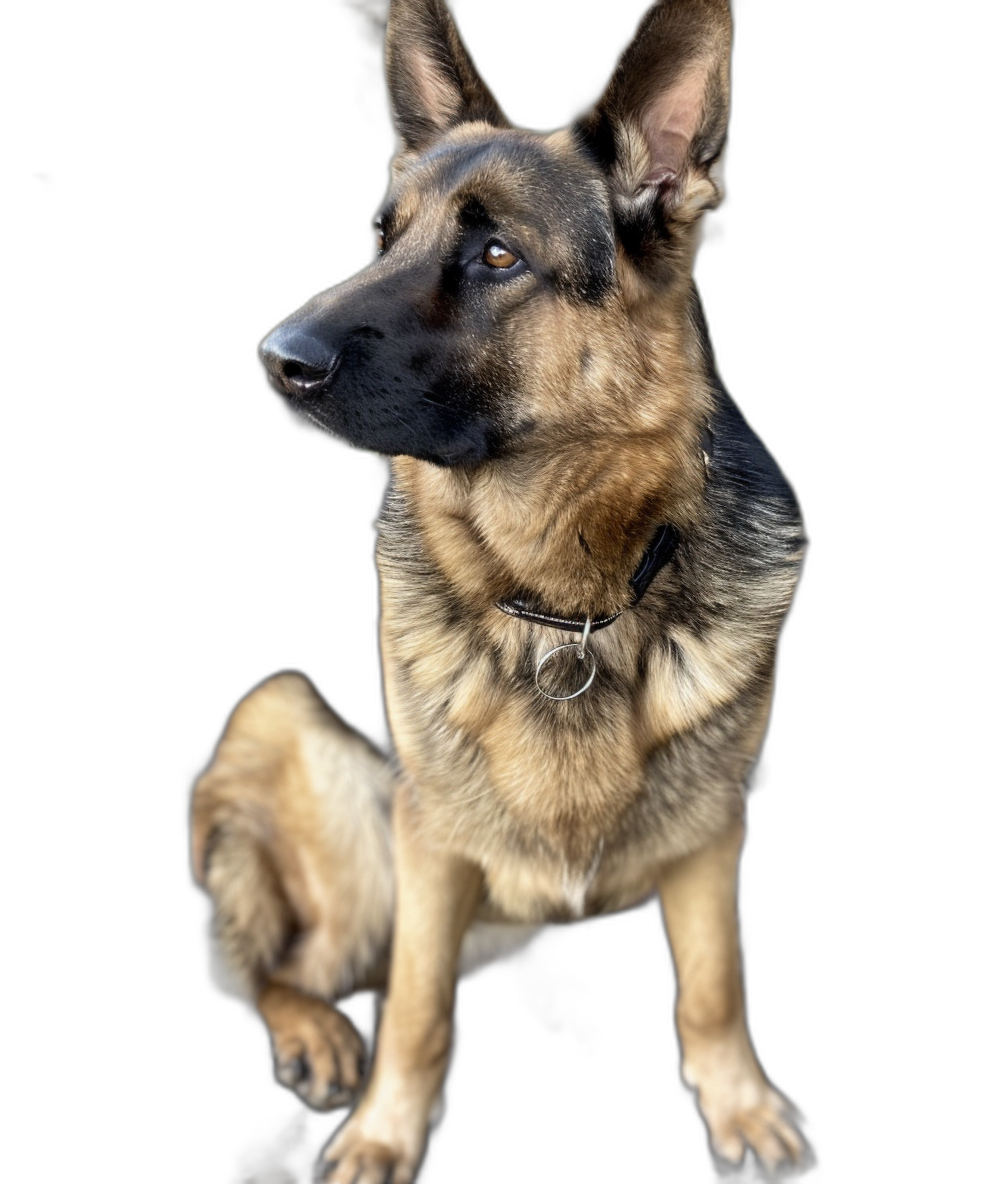 A German Shepherd dog, sitting upright with its head tilted to the side, is captured in high resolution against an all black background. The photo is taken from a frontal perspective, focusing on capturing detailed fur textures and a facial expression of curiosity or playfulness.