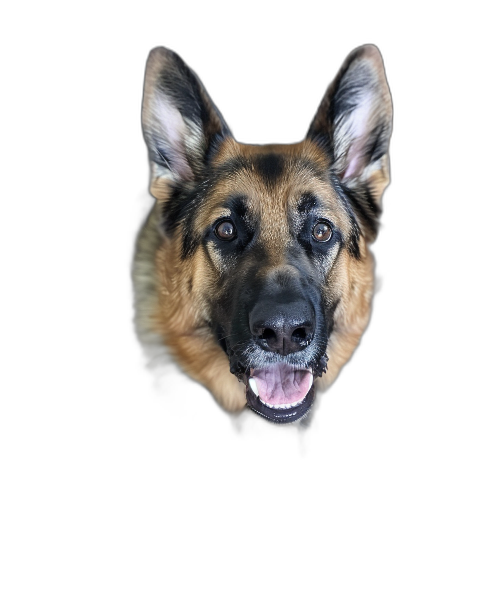 photo of happy German Shepherd looking at camera, isolated on black background, headshot portrait from top with eyes open and tongue out, raw photography