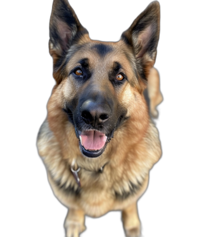 A happy German Shepherd looking up at the camera, black background, top view, portrait photography, hyper realistic, super detailed