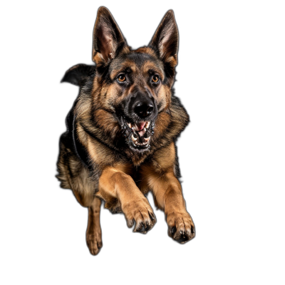 A majestic German Shepherd dog in midair, captured in high-speed photography against an all-black background, showcasing its powerful build and fierce gaze, with a focus on its face.