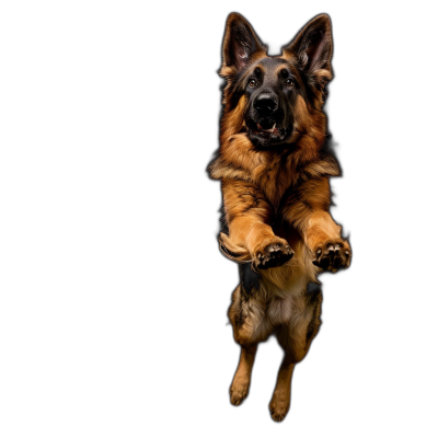 A majestic German Shepherd dog jumping in the air, captured from an overhead perspective with its paws outstretched against a black background. The high contrast highlights every detail of his fur and features while emphasizing motion. Shot by Nikon D850 camera using a wideangle lens at F26 to create sharp focus on all elements of both dogs.