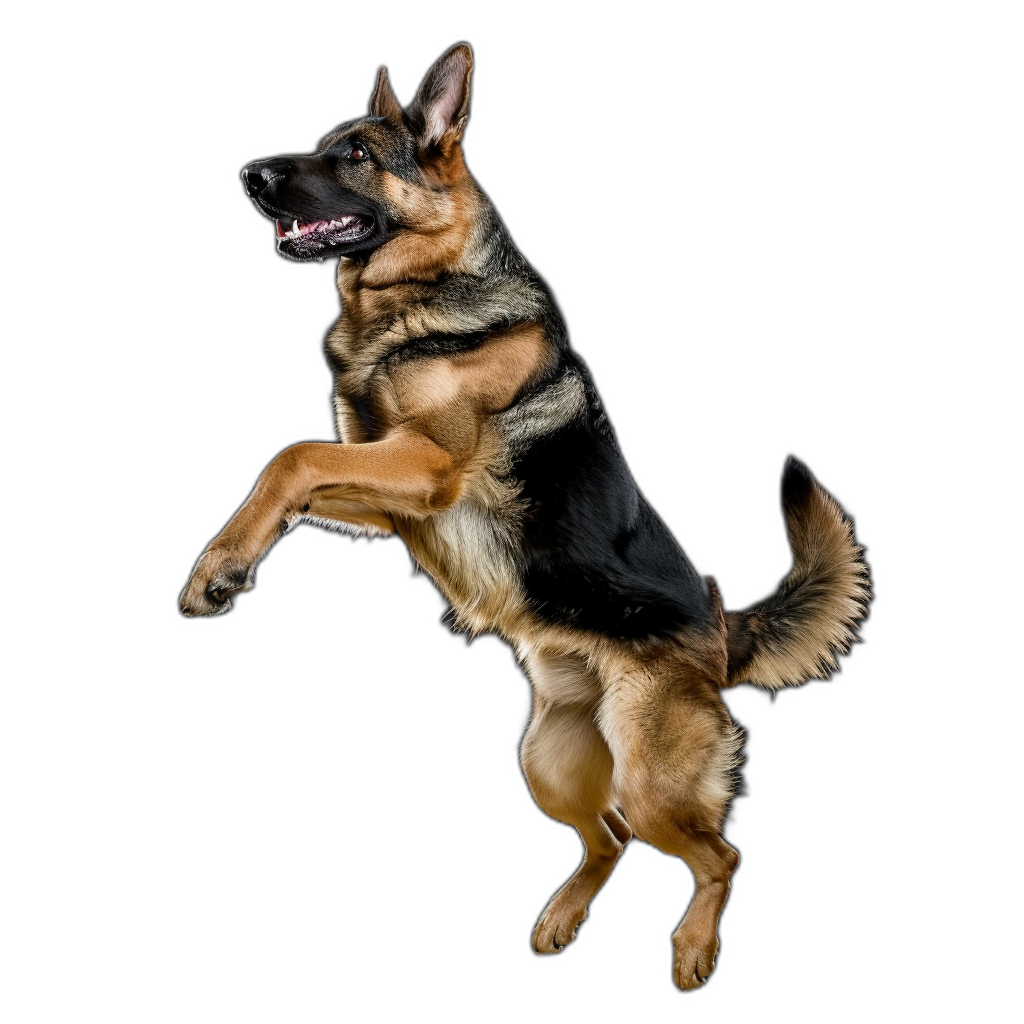 A German Shepherd dog is jumping up, its back legs in the air and front paws on black background, full body shot, high definition photography