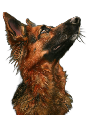 A German Shepherd looking up, head and shoulders portrait, isolated on a black background, drawn in the style of digital airbrushing, colorful portraits using digital art techniques with light reds and dark browns creating a hyperrealistic oil painting style that is detailed.