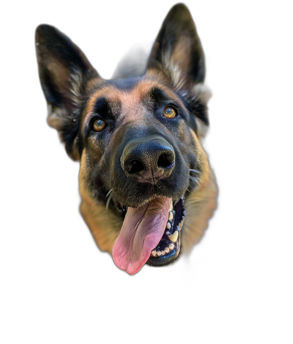 A happy German Shepherd looking up at the camera with his tongue out against a black background in a hyper realistic style.