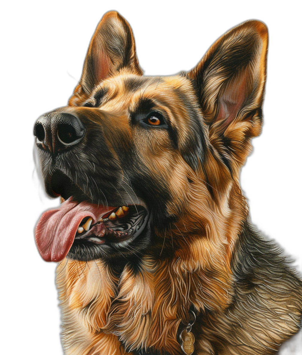 german shepherd, head shot, tongue out, realistic color drawing on black background